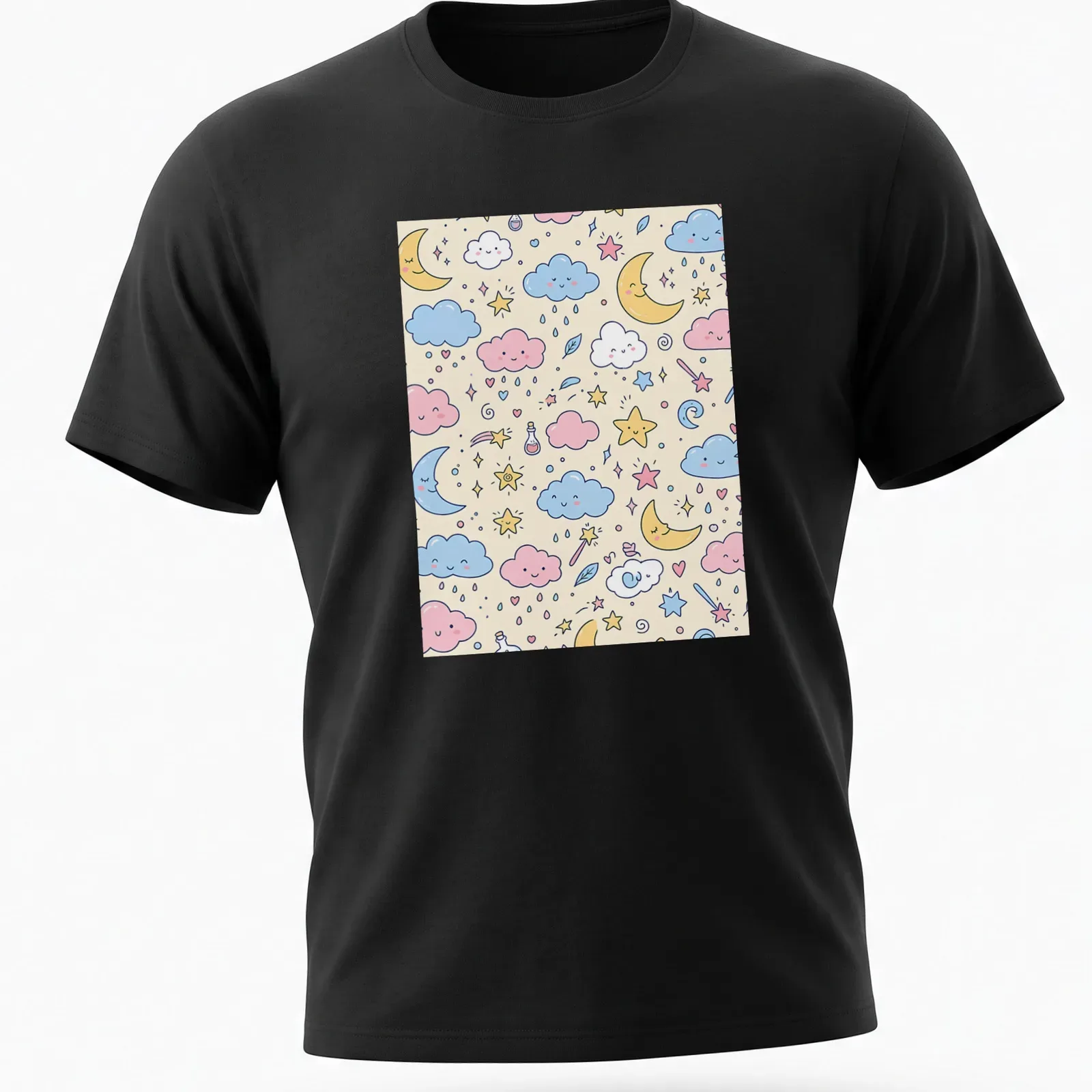 Kawaii pattern of clouds, stars, and moons in pink, blue, yellow, and cream. — printed on a unisex t-shirt