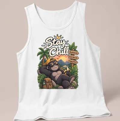 Colorful cartoon gorilla with text about good vibes and happy life — printed on a tank top