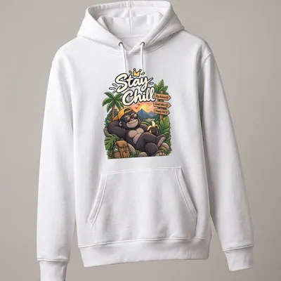 Colorful cartoon gorilla with text about good vibes and happy life — printed on a unisex hoodie