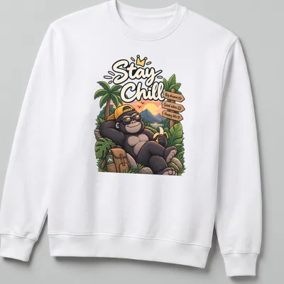 Colorful cartoon gorilla with text about good vibes and happy life — printed on a unisex sweatshirt