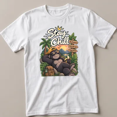 Colorful cartoon gorilla with text about good vibes and happy life