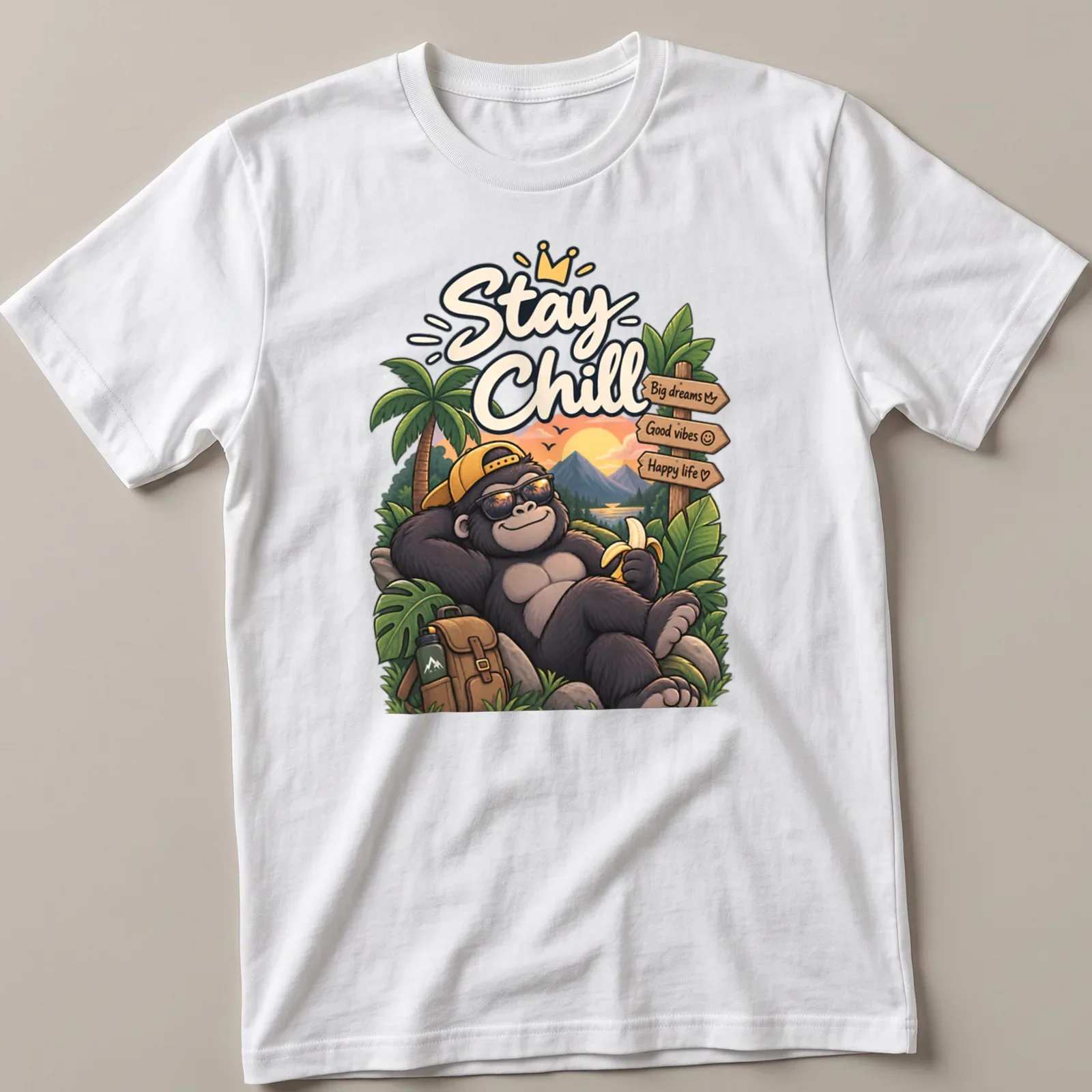 Colorful cartoon gorilla with text about good vibes and happy life — printed on a unisex t-shirt