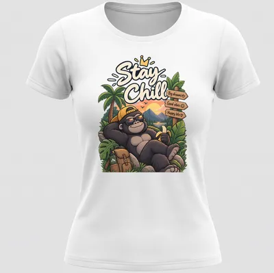 Colorful cartoon gorilla with text about good vibes and happy life — printed on a women's shirt