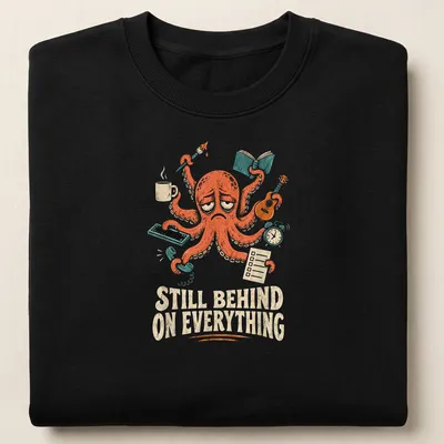 Whimsical multitasking octopus illustration with the text 'Still Behind On Everything' — printed on a unisex sweatshirt