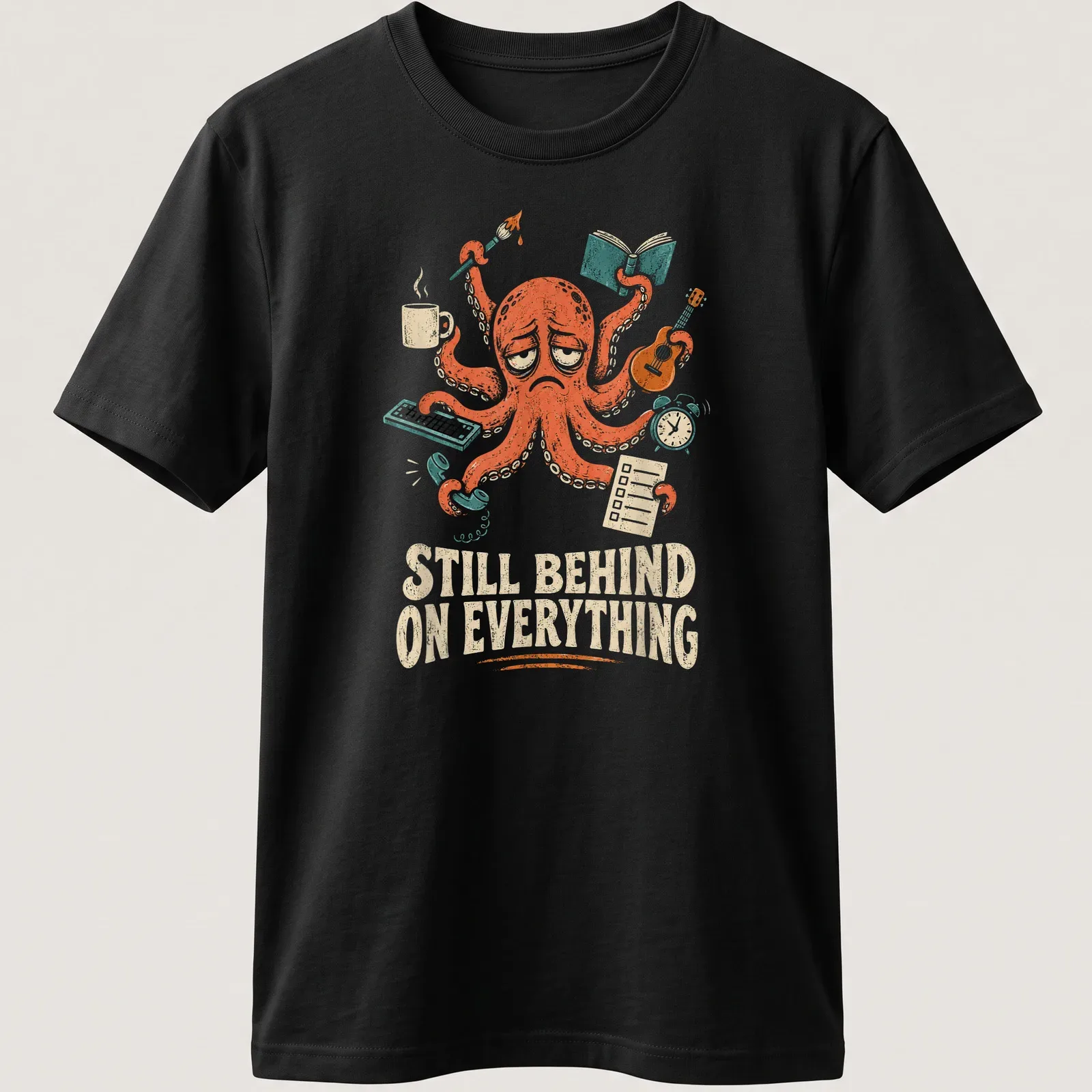 Whimsical multitasking octopus illustration with the text 'Still Behind On Everything' — printed on a unisex t-shirt