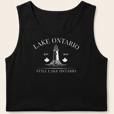 Vintage lighthouse graphic with Lake Ontario established date in black and white — printed on a tank top