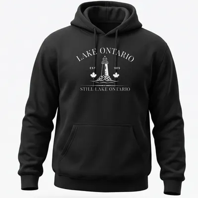 Vintage lighthouse graphic with Lake Ontario established date in black and white — printed on a unisex hoodie