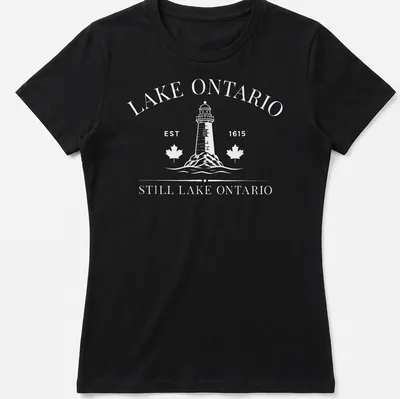 Vintage lighthouse graphic with Lake Ontario established date in black and white — printed on a women's shirt