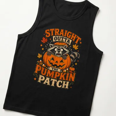 Vintage Halloween t-shirt with a raccoon and text about pumpkins — printed on a tank top