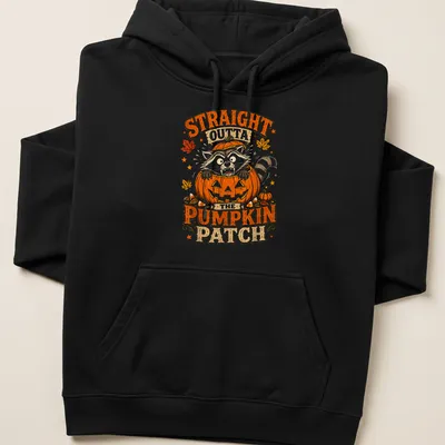 Vintage Halloween t-shirt with a raccoon and text about pumpkins — printed on a unisex hoodie