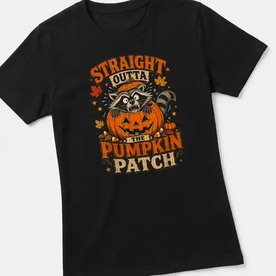 Vintage Halloween t-shirt with a raccoon and text about pumpkins — printed on a women's shirt