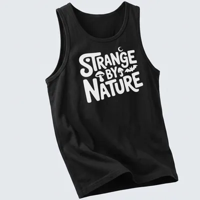 Colorful nature scene t-shirt featuring the text 'Strange By Nature' above an illustration. — printed on a tank top
