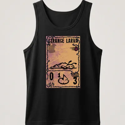 Vintage card-style tee featuring a strange larva in orange and brown — printed on a tank top