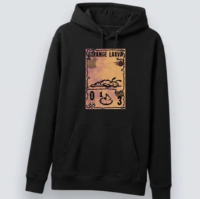 Vintage card-style tee featuring a strange larva in orange and brown — printed on a unisex hoodie
