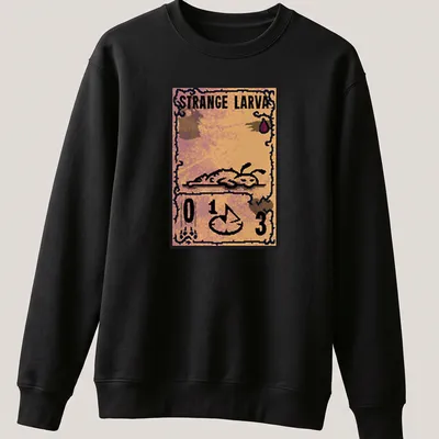 Vintage card-style tee featuring a strange larva in orange and brown — printed on a unisex sweatshirt
