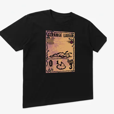 Vintage card-style tee featuring a strange larva in orange and brown — printed on a unisex t-shirt (angled view)