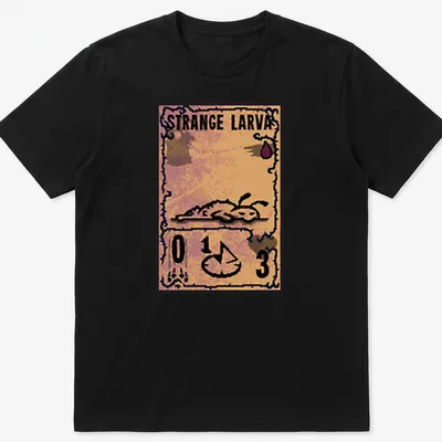 Vintage card-style tee featuring a strange larva in orange and brown