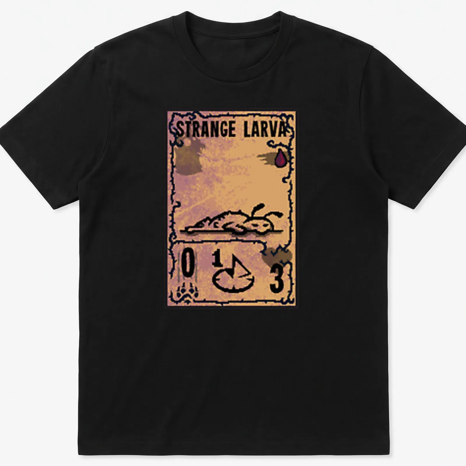 Vintage card-style tee featuring a strange larva in orange and brown — printed on a unisex t-shirt