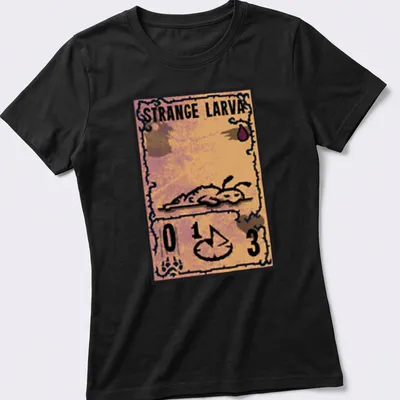 Vintage card-style tee featuring a strange larva in orange and brown — printed on a women's shirt