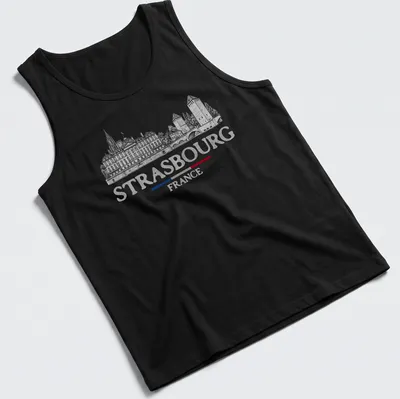 Vintage travel tee featuring Strasbourg architecture with black, white, red, and blue colors — printed on a tank top