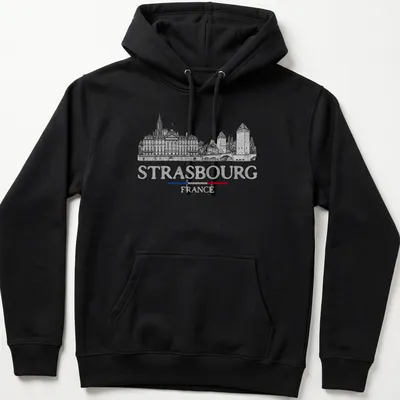 Vintage travel tee featuring Strasbourg architecture with black, white, red, and blue colors — printed on a unisex hoodie