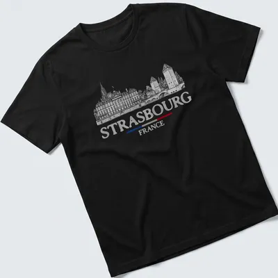 Vintage travel tee featuring Strasbourg architecture with black, white, red, and blue colors