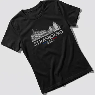 Vintage travel tee featuring Strasbourg architecture with black, white, red, and blue colors — printed on a women's shirt