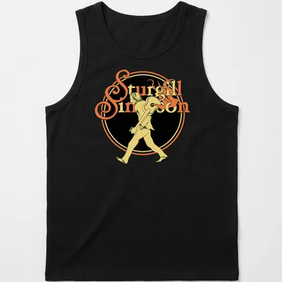 Vintage tee featuring a walking guitarist with text 'Sturgill Simpson' in yellow and black — printed on a tank top
