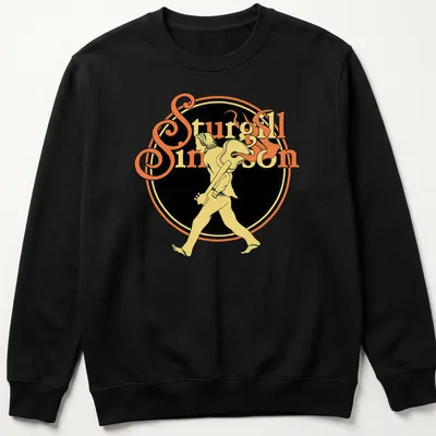 Vintage tee featuring a walking guitarist with text 'Sturgill Simpson' in yellow and black — printed on a unisex sweatshirt