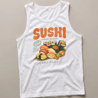 Vintage illustration of sushi types with text emphasizing Japanese tradition and flavor — printed on a tank top