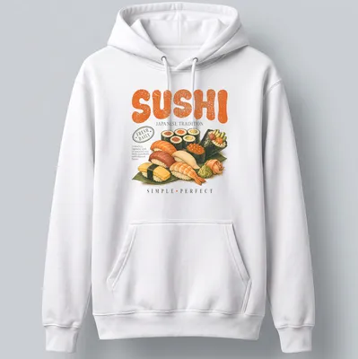 Vintage illustration of sushi types with text emphasizing Japanese tradition and flavor — printed on a unisex hoodie