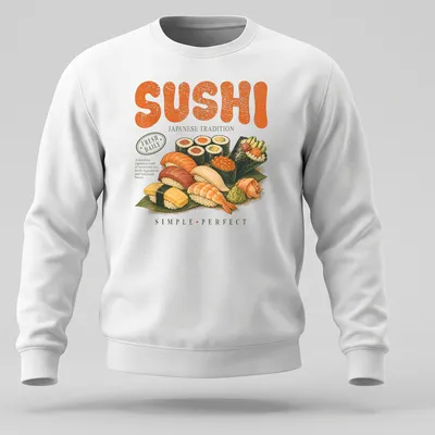 Vintage illustration of sushi types with text emphasizing Japanese tradition and flavor — printed on a unisex sweatshirt