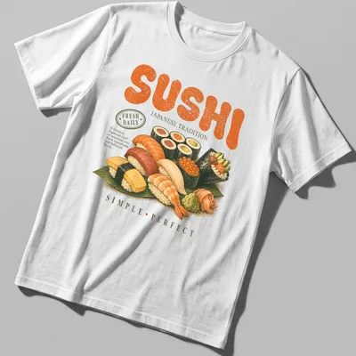 Vintage illustration of sushi types with text emphasizing Japanese tradition and flavor — printed on a unisex t-shirt