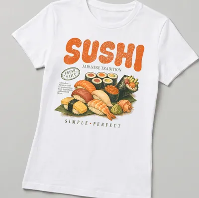 Vintage illustration of sushi types with text emphasizing Japanese tradition and flavor — printed on a women's shirt