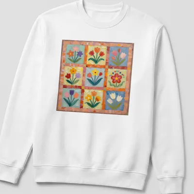 Colorful floral print with the text Sweet Flowers in cheerful font — printed on a unisex sweatshirt