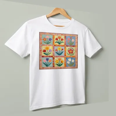 Colorful floral print with the text Sweet Flowers in cheerful font — printed on a unisex t-shirt (angled view)