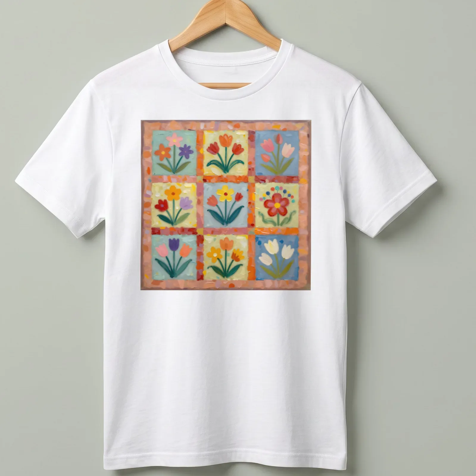 Colorful floral print with the text Sweet Flowers in cheerful font — printed on a unisex t-shirt