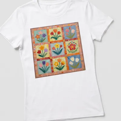 Colorful floral print with the text Sweet Flowers in cheerful font — printed on a women's shirt
