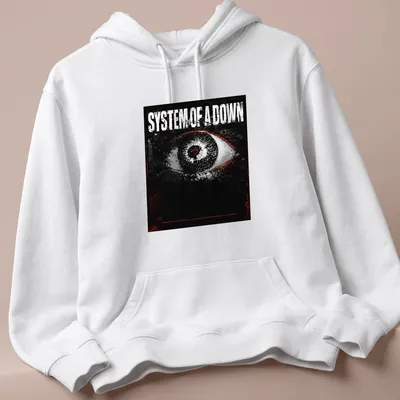 Grunge print featuring an eye with System Of A Down text in bold lettering — printed on a unisex hoodie