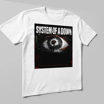 Grunge print featuring an eye with System Of A Down text in bold lettering — printed on a unisex t-shirt (angled view)