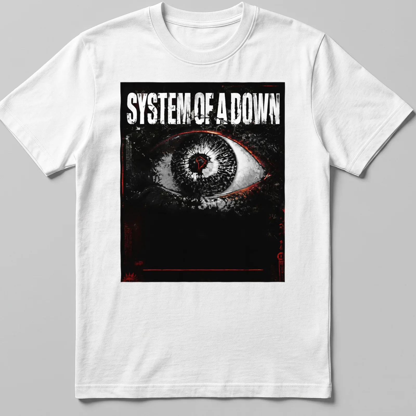 Grunge print featuring an eye with System Of A Down text in bold lettering — printed on a unisex t-shirt
