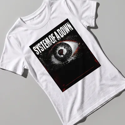 Grunge print featuring an eye with System Of A Down text in bold lettering — printed on a women's shirt