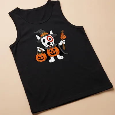 Cartoon dog in a witch costume with pumpkins and text for Target Team Member — printed on a tank top