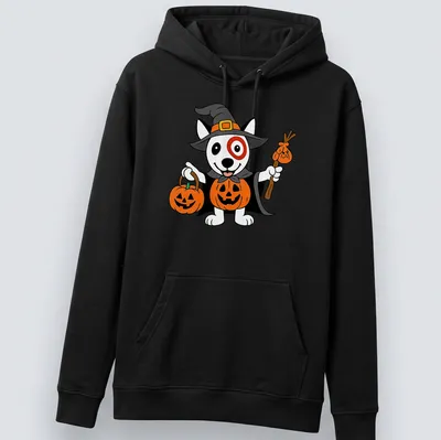 Cartoon dog in a witch costume with pumpkins and text for Target Team Member — printed on a unisex hoodie