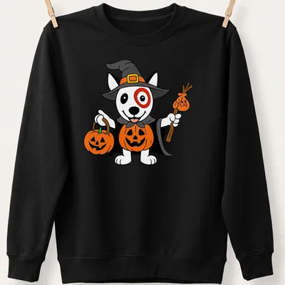 Cartoon dog in a witch costume with pumpkins and text for Target Team Member — printed on a unisex sweatshirt