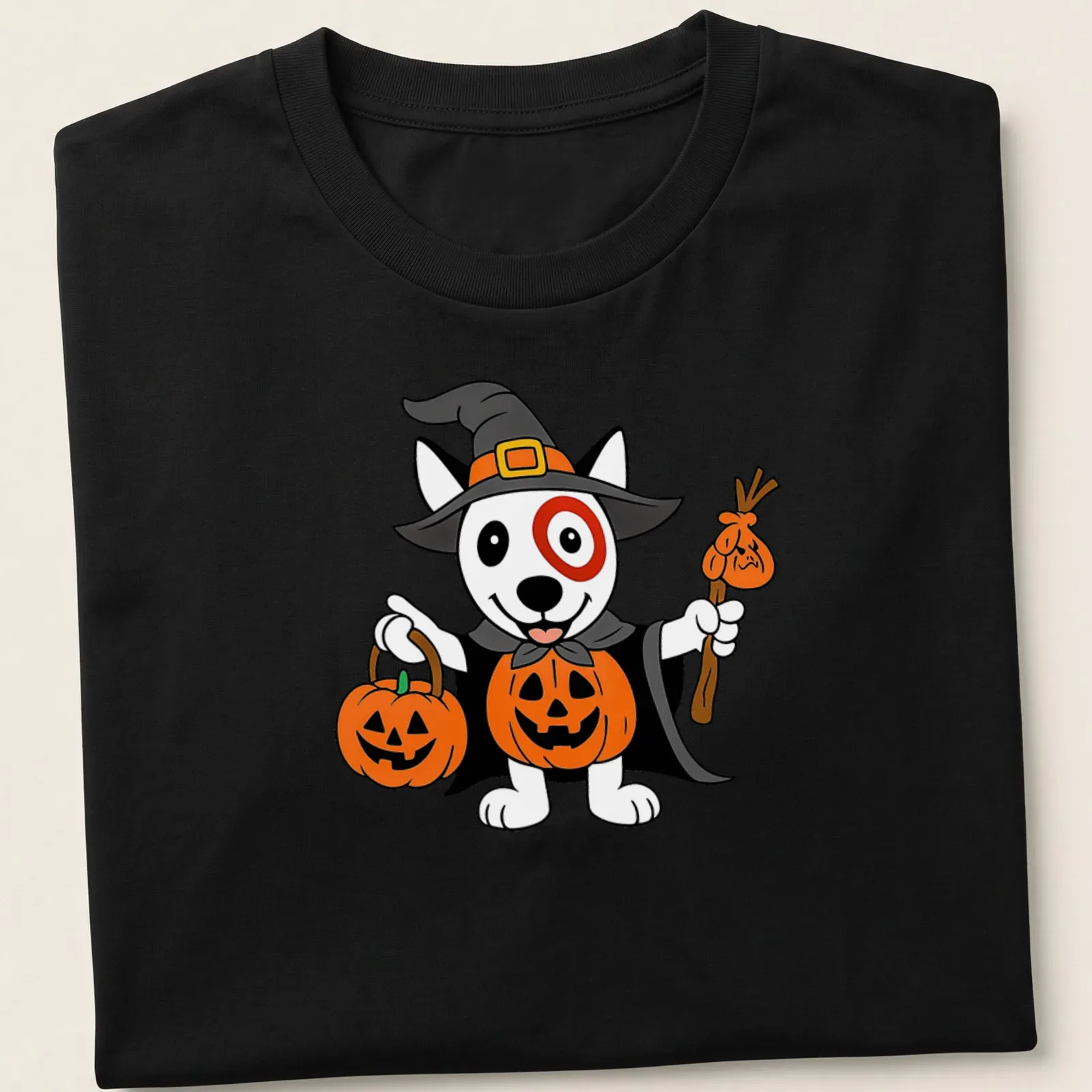 Cartoon dog in a witch costume with pumpkins and text for Target Team Member — printed on a unisex t-shirt