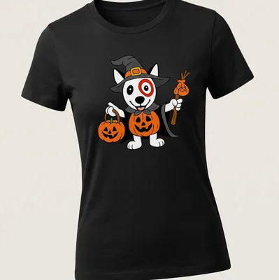 Cartoon dog in a witch costume with pumpkins and text for Target Team Member — printed on a women's shirt
