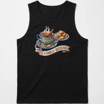 Illustration of a tea cup with cinnamon stick and cookies in vibrant colors. — printed on a tank top