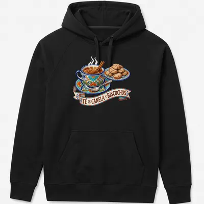 Illustration of a tea cup with cinnamon stick and cookies in vibrant colors. — printed on a unisex hoodie