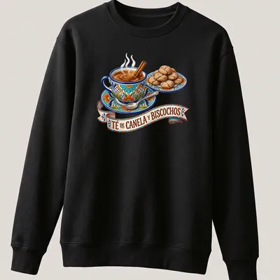 Illustration of a tea cup with cinnamon stick and cookies in vibrant colors. — printed on a unisex sweatshirt